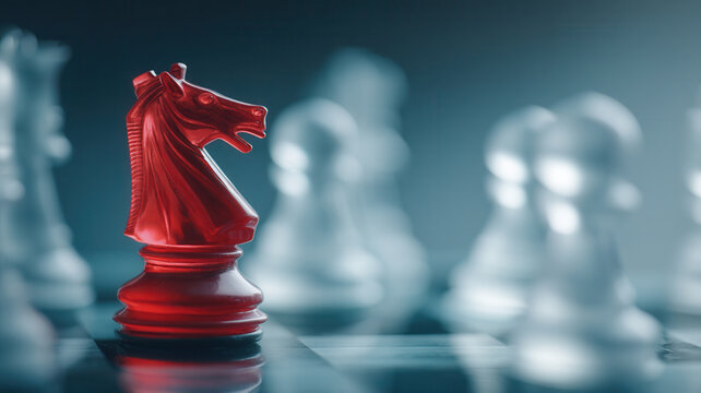 Red knight chess piece business concept standing on glass board conveying strategy and confident decision making - Powered by Adobe