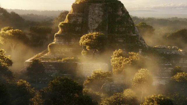 Cinematic drone shot of ancient Mayan temple ruins hidden in jungle