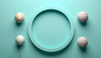 Abstract pastel aqua surface featuring central circle and floating spheres, forming modern 3D concept for branding and promotional layout.