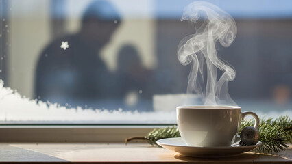Steaming coffee cup on a window sill with winter snow outside  