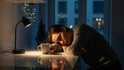 Young woman resting her head on a table with coffee in evening light  
