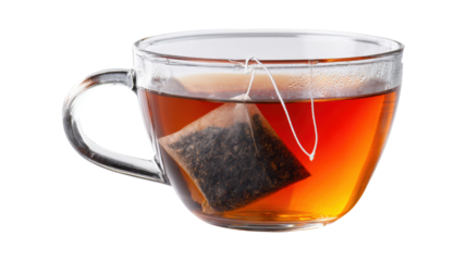 A tea bag in a transparent cup isolated on a white background