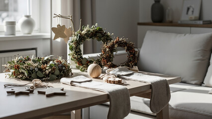 Festively decorated table with wreaths and ornaments in cozy living room  