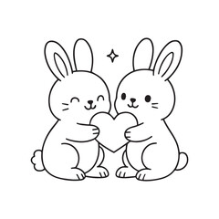 Two Bunnies Holding a Heart. Cute line-art rabbits sharing a heart symbol of love