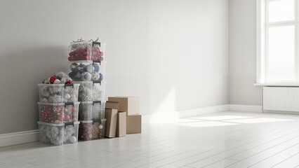Clean and organized room with stacked storage bins and boxes  