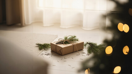 Wrapped gift box with greenery on floor near Christmas tree lights  
