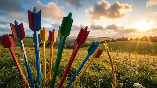 Colorful arrow sculptures in a lush green countryside landscape at sunset