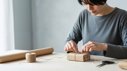 Woman wrapping a gift with twine at a table in natural light  