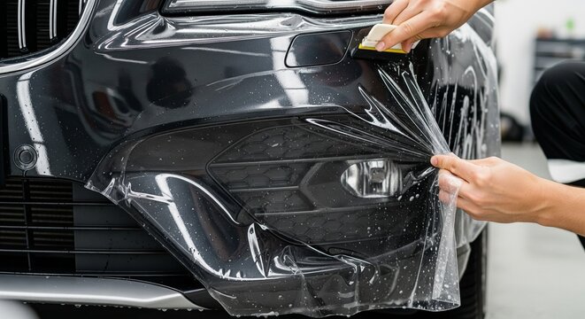 Applying Transparent PPF Film to Car Front Bumper, Close-Up
