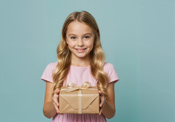 Young girl smiling while holding a gift box on light blue background  