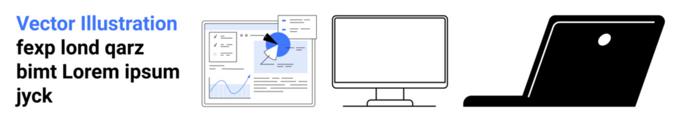 Data visualization, business analytics, digital workspace, technology, online learning, remote work. Graph interface with statistics, computer monitor laptop. Data visualization and business