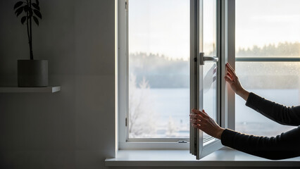 Opening window with hands in a modern interior during sunrise  