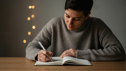 Man writing in notebook while sitting at wooden table indoors  