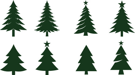 Set Of 8 Different Christmas Tree Silhouettes Dark Green Minimal Holiday Decoration Artboard PNG