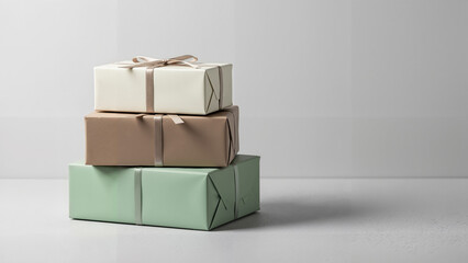 Stack of three gift boxes in neutral colors on a smooth surface  