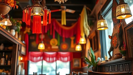 taqueria. Authentic Mexican restaurant interior featuring vibrant cultural decor and warm ambient lighting. event programs, museum guides, designed for cultural heritage projects and event programs.