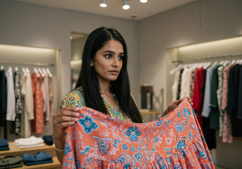Young woman examining colorful dress in modern clothing store  