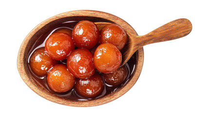 Top view of delicious Gulab Jamun dessert in syrup with a wooden spoon isolated on a white background