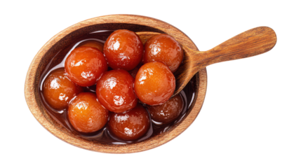 Top view of delicious Gulab Jamun dessert in syrup with a wooden spoon isolated on a white background