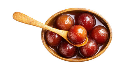 Top view of delicious Gulab Jamun dessert in syrup with a wooden spoon isolated on a white background