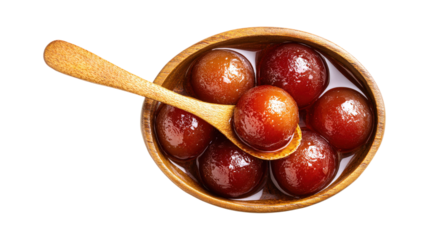 Top view of delicious Gulab Jamun dessert in syrup with a wooden spoon isolated on a white background
