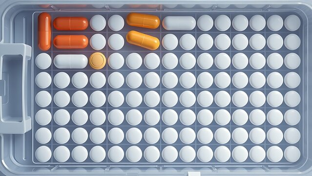 dimer. Pill organizer with tablets in sequence, clinical top view, geometric arrangement. STEM education sheets, lab safety posters, designed for biotech research communications.