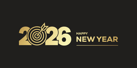 Elegant “Happy New Year 2026” typography in metallic gold on a dark background, modern festive banner design ideal for holiday greetings, party invitations, web headers. © bibin
