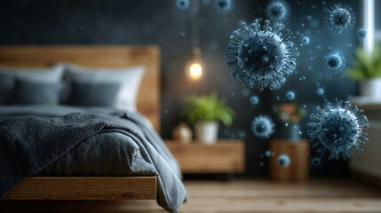 Virus particles floating in modern bedroom with wooden furniture and subtle lighting illumination creating contrast