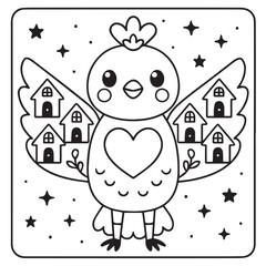 Bird with Heart and Little Houses