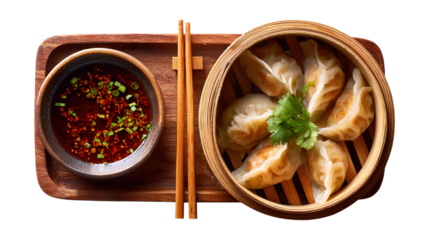 Top view of dimsum with gyoza and dipping sauce, focus selective isolated on a white background