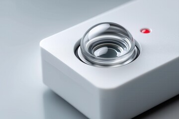 Medical-grade laser diagnostic module with recessed circular lens and floating glass diffuser, macro photo of compact white device with red indicator and ventless housing