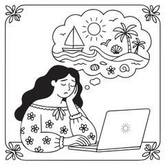 Dreaming of the Sea. A tired girl dreams of the beach while working.