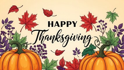 A festive "Happy Thanksgiving" message is centered above an orange pumpkin. Surrounding the text and pumpkin are red and orange autumn leaves, creating a warm and cheerful tone.