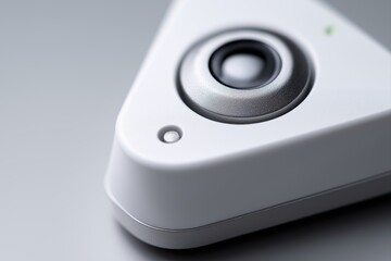 Closeup view of a triangular infrared diagnostic device with a central circular sensing window and subtle indicator dot. Medical-grade matte surface and rounded corners.