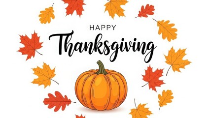 Thanksgiving greeting with pumpkins, colorful autumn leaves, and berries surrounding the words "Happy Thanksgiving" on a warm beige background.