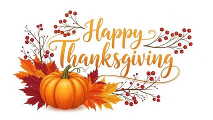 "Happy Thanksgiving text with a large pumpkin surrounded by colorful autumn leaves and red berries. Festive and warm, celebrating the fall holiday."