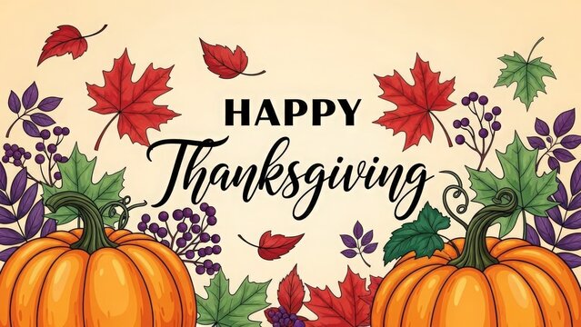 A festive "Happy Thanksgiving" message is centered above an orange pumpkin. Surrounding the text and pumpkin are red and orange autumn leaves, creating a warm and cheerful tone. - Powered by Adobe