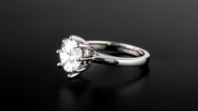 A close-up studio shot presents a dazzling, solitaire engagement ring on a black surface