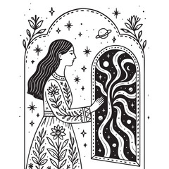 Girl at the Star Portal Coloring Page