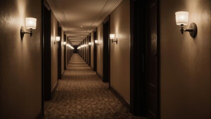 Long, symmetrical hotel corridor receding into the distance, illuminated by wall sconces