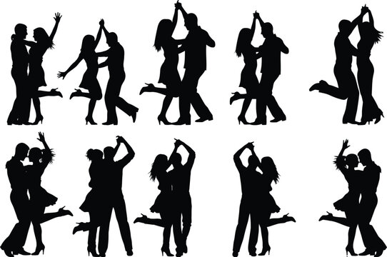 Silhouettes of couples dancing various ballroom and latin dance styles