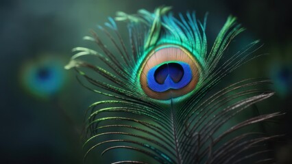 Macro close-up of a vibrant peacock feather against a soft, blurred, green background