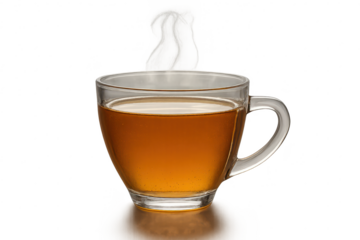 Hot tea in glass cup with steam on transparent background closeup view.