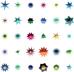 Vibrant Colorful Multifaceted Star Shapes Arranged Neatly Against White Background