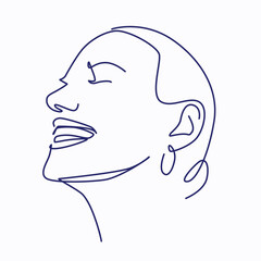Profile of a woman smiling widely one line drawing. Profile of a woman smiling widely single line illustration. Profile of a woman smiling widely minimalist line art.