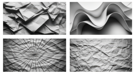 Four abstract textures showcasing crumpled paper and organic waves in monochrome tones transparent background black background