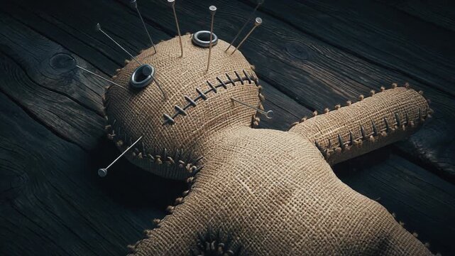 Voodoo Doll with Pins on Dark Wooden Table, Close-up