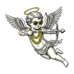 Obraz premium Vintage Cupid with Sunglasses and Gold Chains