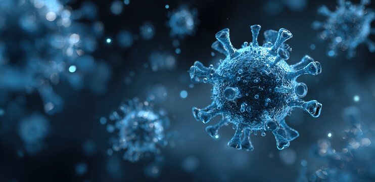 Blue Stylized Virus Particles, Suitable for healthcare campaigns, medical research visuals, pandemic content, public health education, and scientific design materials.