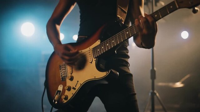 Guitarist Performing Live Music on Stage at Night